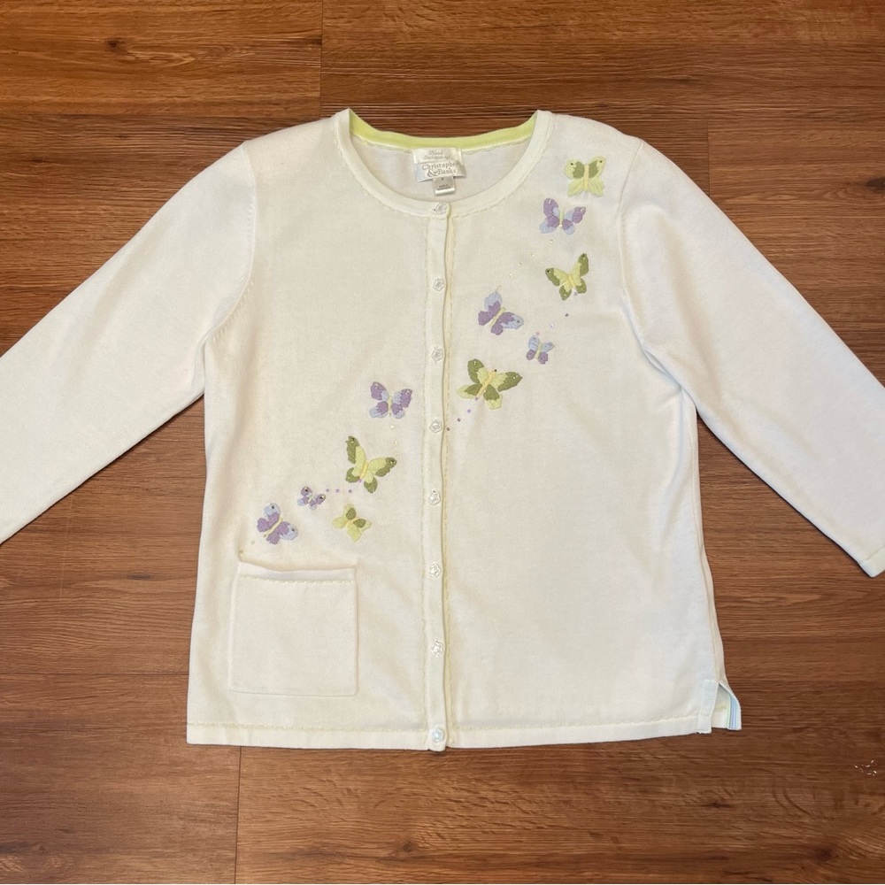 Christopher & Banks 2005 Hand Embroidered White Butterfly Button Cardigan Small